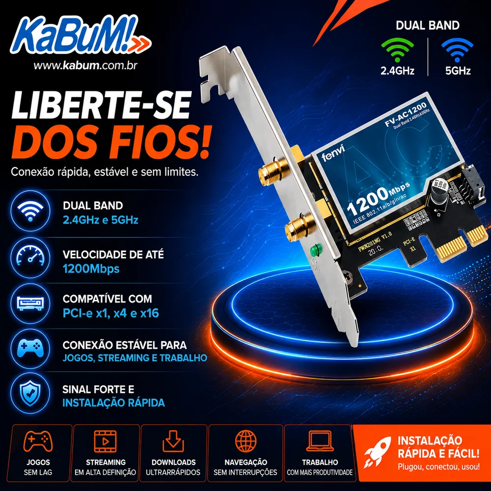 Imagem 4 de 5 do produto Placa rede wifi pc dual band pci-express 1200 Mbps Fenvi