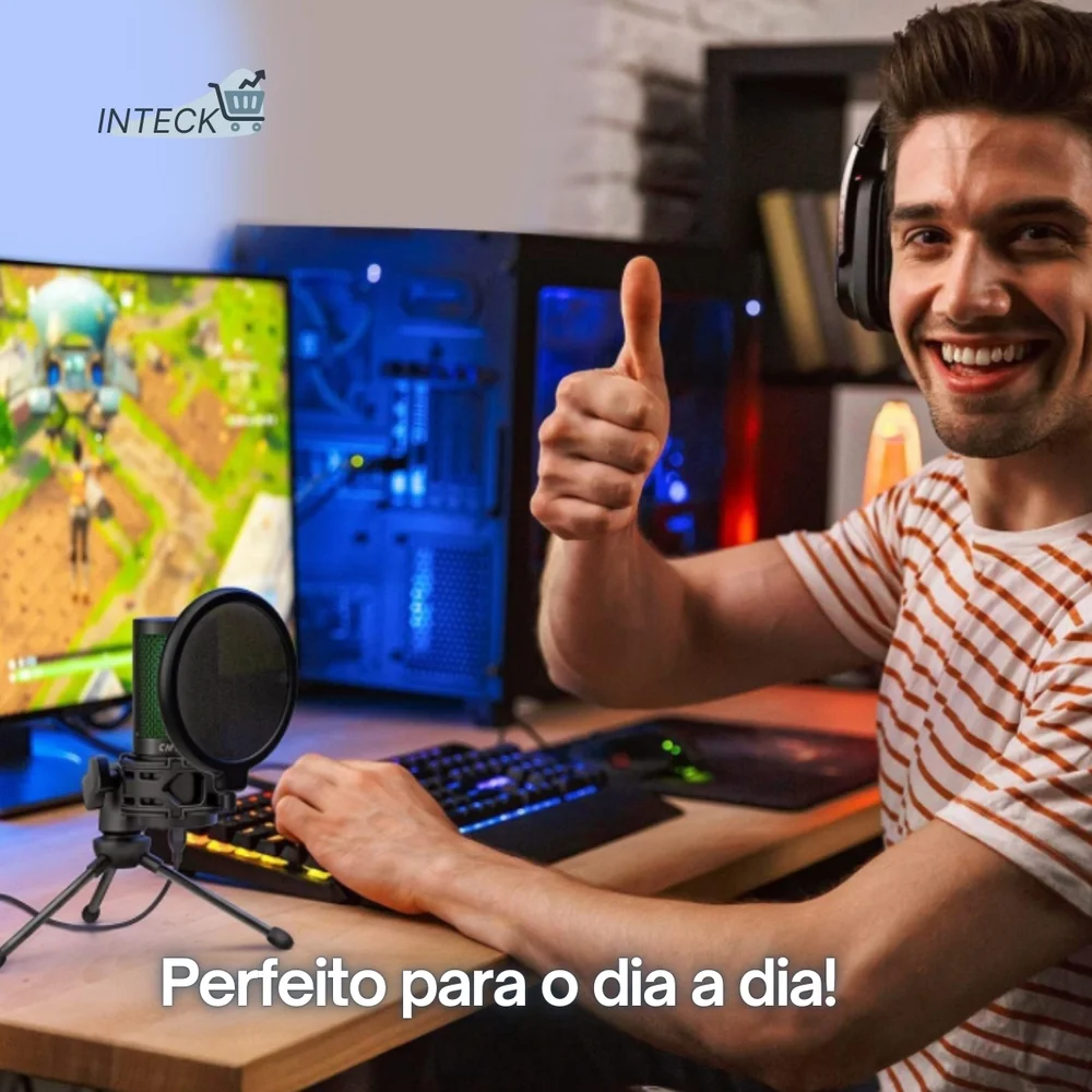Imagem 3 de 5 do produto Microfone Gamer USB Condensador com LED para Streaming e Jogos – Preto com Filtro