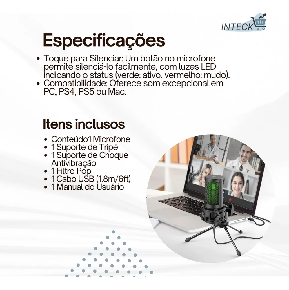 Imagem 5 de 5 do produto Microfone Gamer USB Condensador com LED para Streaming e Jogos – Preto com Filtro