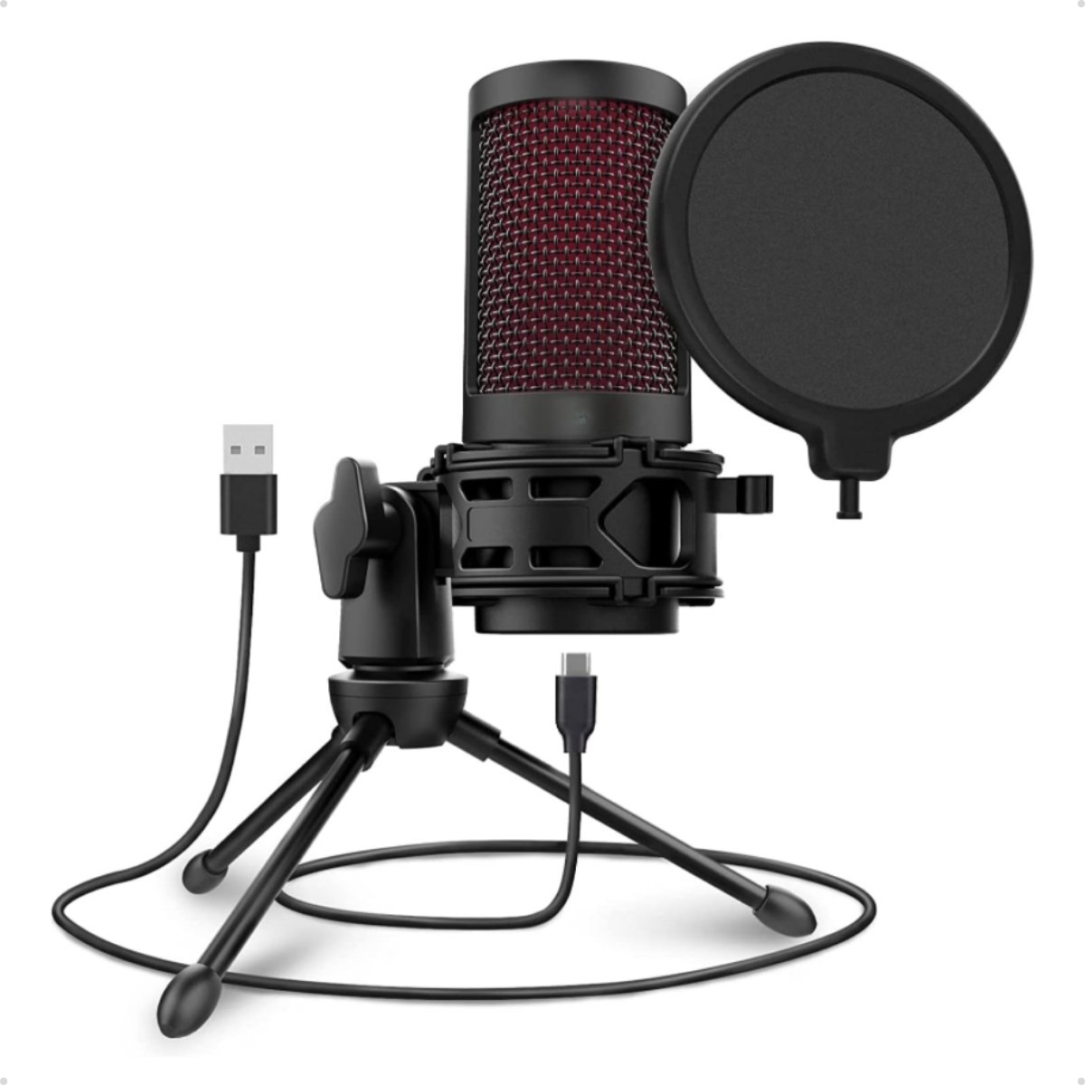 Microfone Gamer USB Condensador com LED para Streaming e Jogos – Preto com Filtro