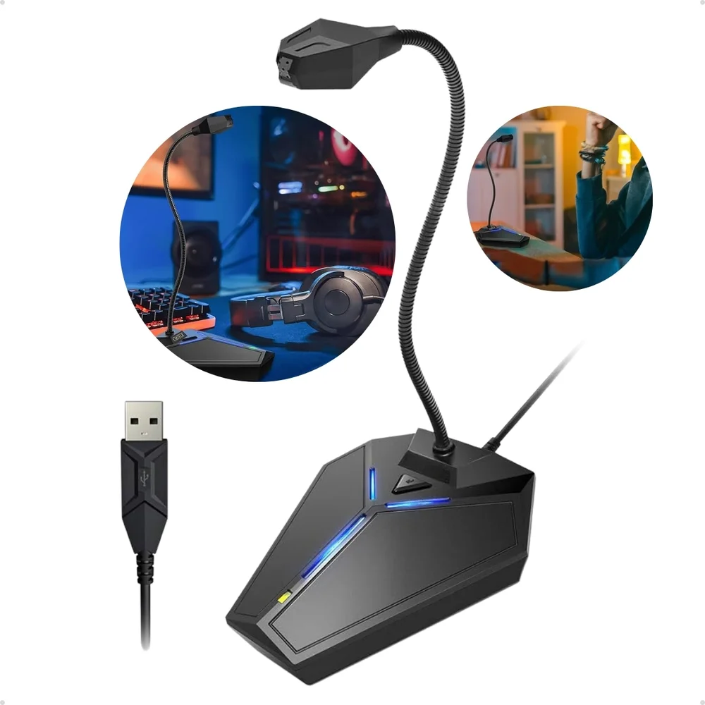 Imagem 2 de 5 do produto Microfone USB Condensador Omnidirecional com Mudo e LED – Ideal para Streaming, Reuniões e Gravações