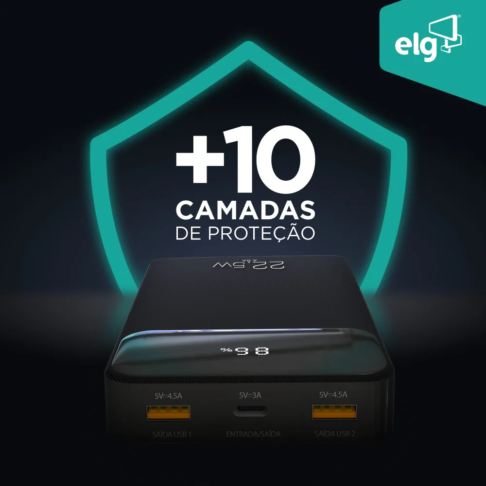 Imagem 2 de 5 do produto Power Bank Carregador Portátil, Display Indicador, 10200mah 22.5w, Turbo, Preto, Pb102bk, Elg
