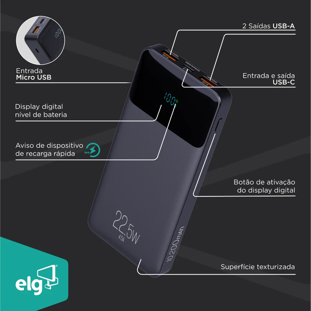Imagem 4 de 5 do produto Power Bank Carregador Portátil, Display Indicador, 10200mah 22.5w, Turbo, Preto, Pb102bk, Elg
