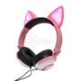 Fone De Ouvido Gatinho Fio Com LED Orelha Dobrável Infantil Microfone - Rosa