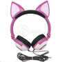 Fone De Ouvido Gatinho Fio Com LED Orelha Dobrável Infantil Microfone - Rosa