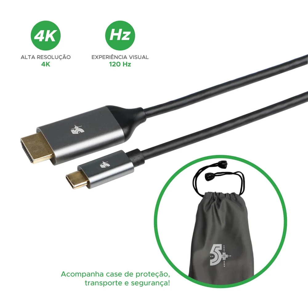 Imagem 4 de 5 do produto Cabo Usb 4.0 Tipo C Para HDMI Macho - 4k 120hz - 1,8 Metro