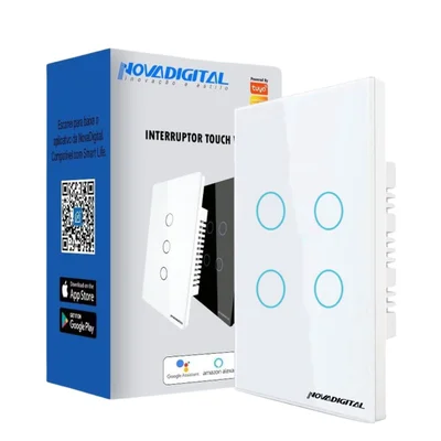 Interruptor Inteligente Wifi 4 Botões Touch 4x2 Compatível com Alexa Google Assistent, Smart Life Tuya