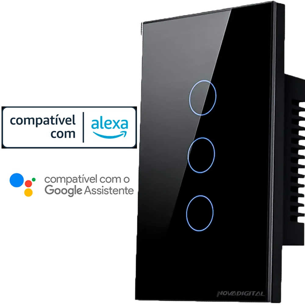Interruptor Inteligente Touch Wifi 3-botoes Compativel Com Alexa E Google Assist - Preto
