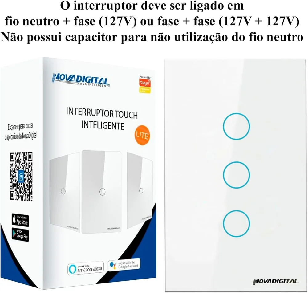Imagem 5 de 5 do produto Interruptor Inteligente Lite 3 Botões Touch Wi-fi Branco Novadigital Lite-ws3-w