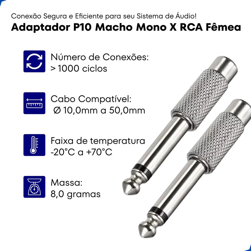 Imagem 2 de 5 do produto Adaptador P10 Mono P/ Jack Rca Metal - Emb 5 Pçs - Tebera