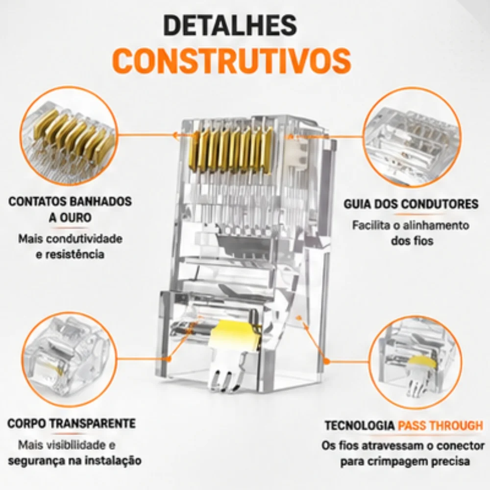 Imagem 3 de 5 do produto Conector Rede Ez Rj45 Cat6 Vazado Pack 100 Unidades