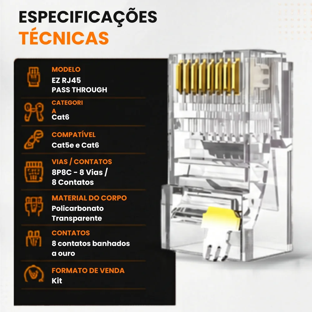 Imagem 4 de 5 do produto Conector Rede Ez Rj45 Cat6 Vazado Pack 100 Unidades