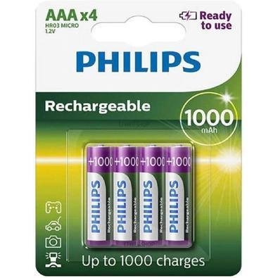 Pilha Recarregável Philips Aaa 1000mah Hr03 Micro 1,2v 4un