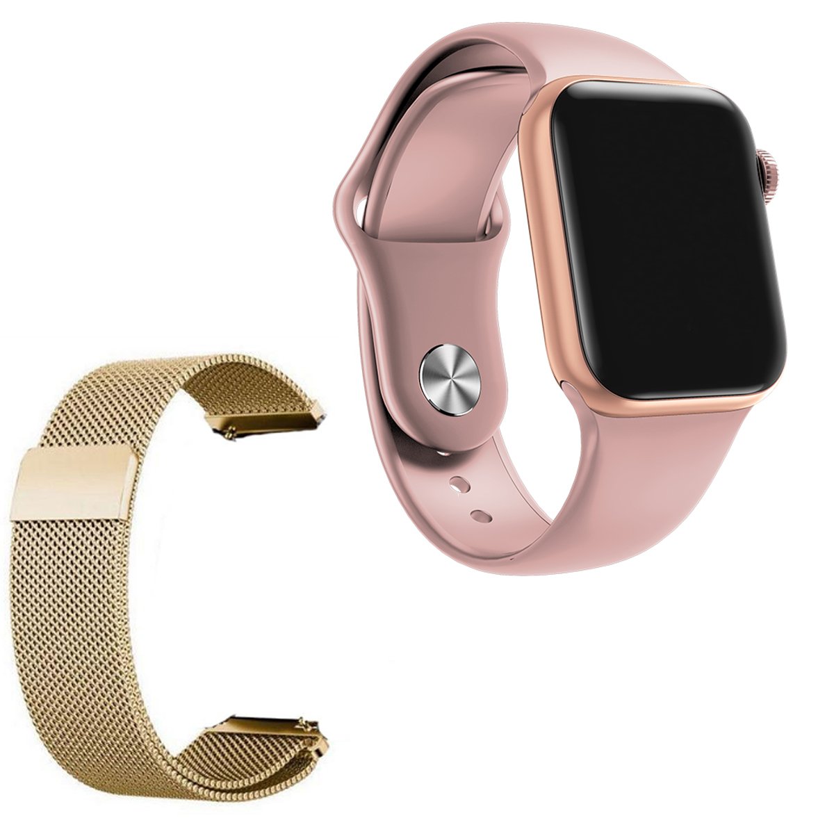 Relógio Smartwatch Iwo 7 Watch 5 Rosa Android Ios + 1 Multiira Extra De Aço Dourado