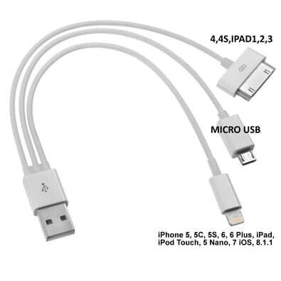 Cabo Ipad Iphone 4,5,6 E Micro Usb 3 Pontas Carregador