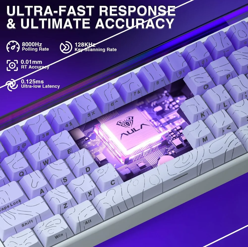 Imagem 4 de 5 do produto Teclado Gamer Aula Hero 68he, 68 Teclas, Switch Magnético Hall Effect, Rapid Trigger, 8000hz, Pbt, RGB, Com Fio Usb-c - Roxo Contour Lines