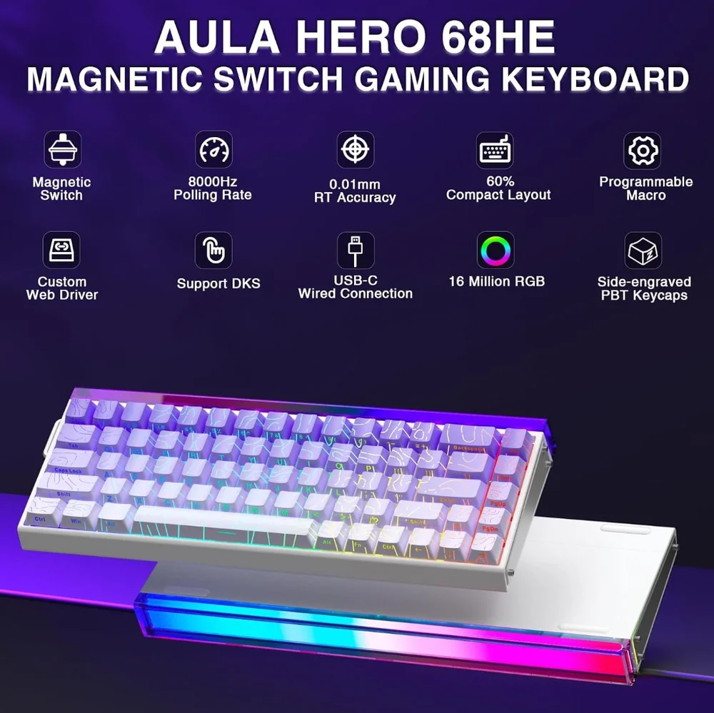 Imagem 5 de 5 do produto Teclado Gamer Aula Hero 68he, 68 Teclas, Switch Magnético Hall Effect, Rapid Trigger, 8000hz, Pbt, RGB, Com Fio Usb-c - Roxo Contour Lines