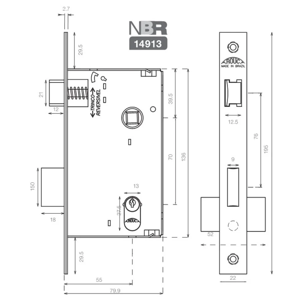 Imagem 2 de 5 do produto Fechadura Interna Elle 55mm Aço Inox Escovado 4086592/55 Ecoline Ie Arouca