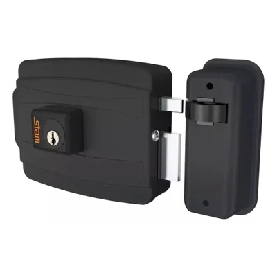 Fechadura Elétrica Sobrepor Abre Para Fora Cilindro 40mm Preto Fosco Stam