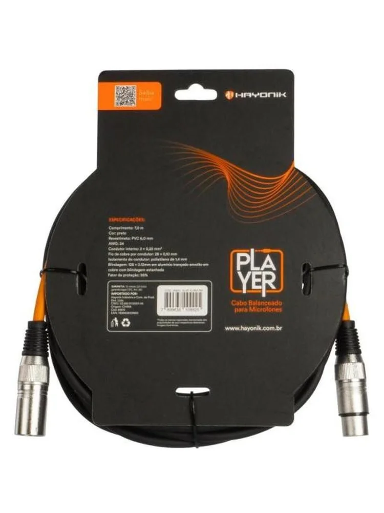 Imagem 2 de 5 do produto Cabo Para Microfone Player Xlr(f) X Xlr(m) 7m Preto Hayonik