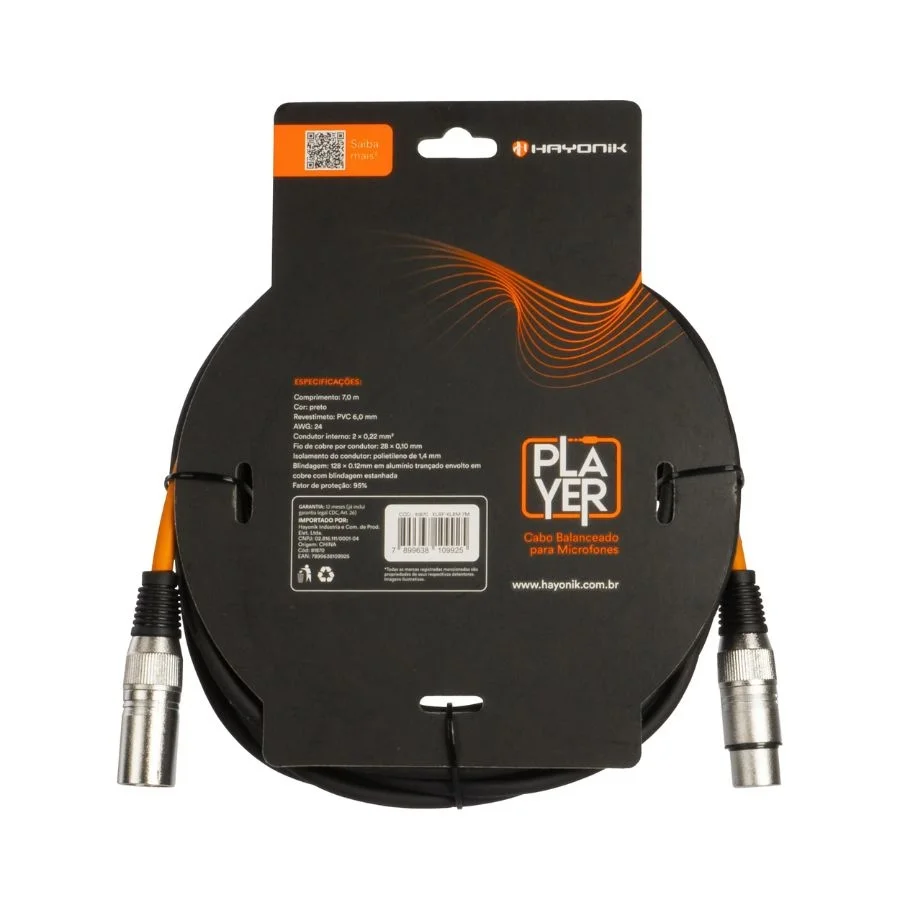 Imagem 3 de 5 do produto Cabo Para Microfone Player Xlr(f) X Xlr(m) 7m Preto Hayonik
