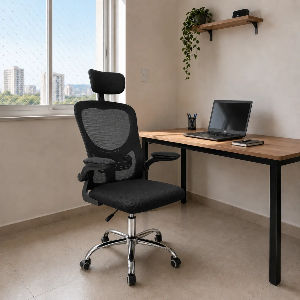 Cadeira Diretor Vegas Ergonômica Tela Mesh Apoio Lombar Apoio de Cabeça Braços Retráteis Base Cromada Giratória 360 Suporta 120kg Preta