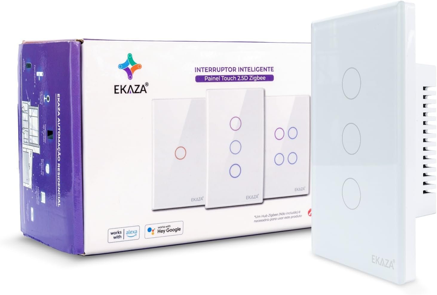 Interruptor Inteligente 3 Botões 4x2 Zigbee Branco Google Home  Alexa Ekaza Ekat-t307-3zw