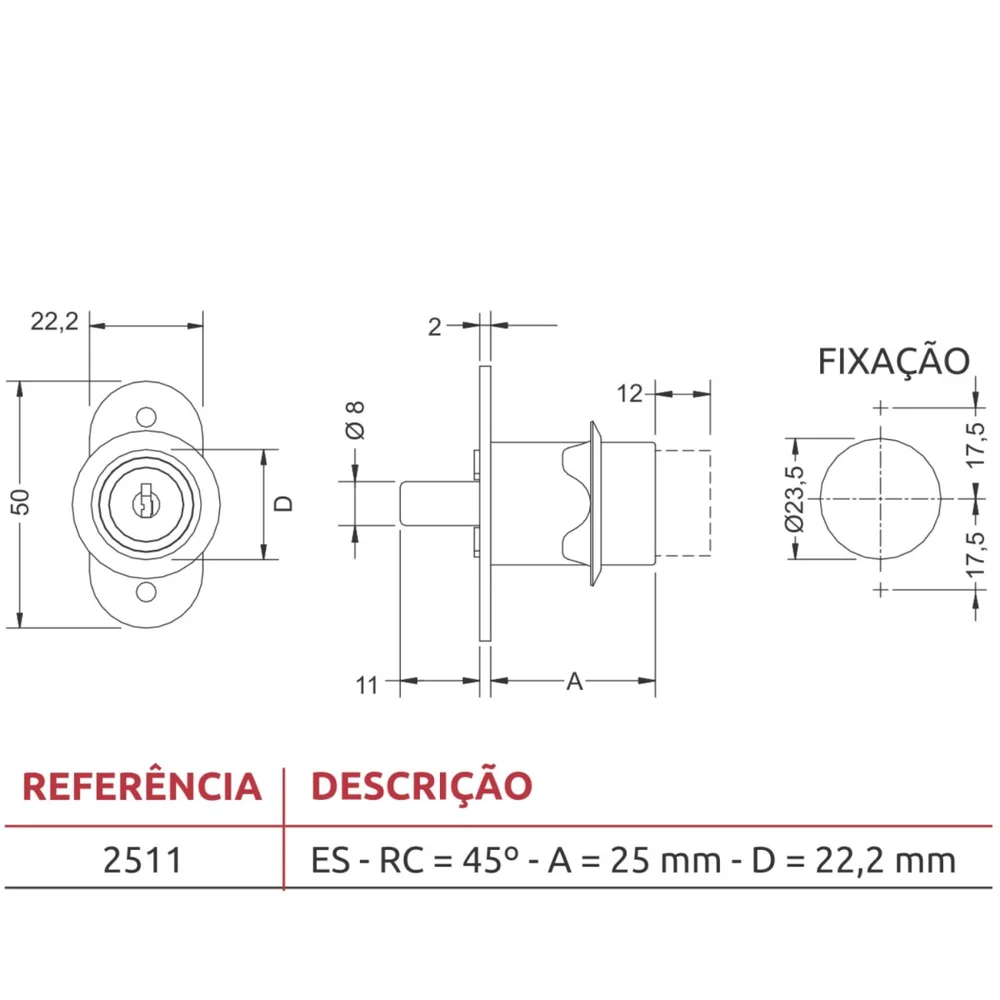 Imagem 2 de 2 do produto Fechadura Moveis 2511zcr 25mm Cilindro Pressão 3f