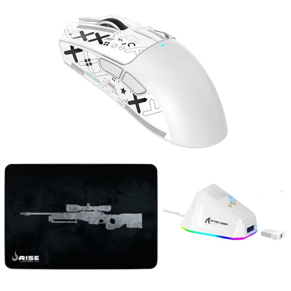 Kit Gamer Mousepad Sniper + Mouse Attack Shark X11 - Branco