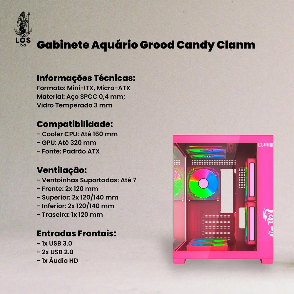 Imagem 2 de 5 do produto Gabinete Gamer Aquário Candy Clanm, Tower, Mini-itx - Micro-atx, Vidro Temperado Lateral , Rosa