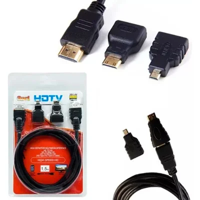 Cabo HDMI 1.5m Com Adaptadores Micro E Mini Hdtv 3 Em 1