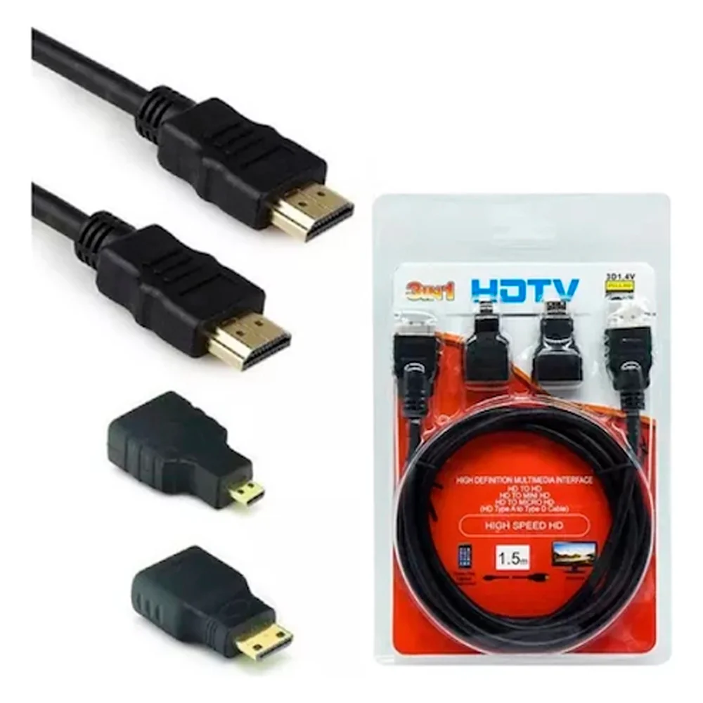 Imagem 4 de 4 do produto Cabo HDMI 1.5m Com Adaptadores Micro E Mini Hdtv 3 Em 1