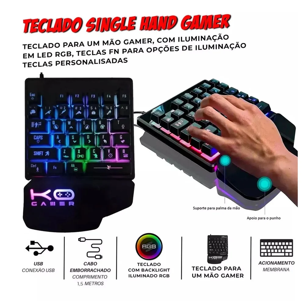 Imagem 3 de 5 do produto Kit Mobilador Gamer Completo Teclado One Hand Uma Mão Mouse Mousepad Suporte Para Celular