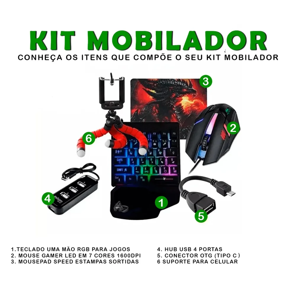 Imagem 5 de 5 do produto Kit Mobilador Gamer Completo Teclado One Hand Uma Mão Mouse Mousepad Suporte Para Celular