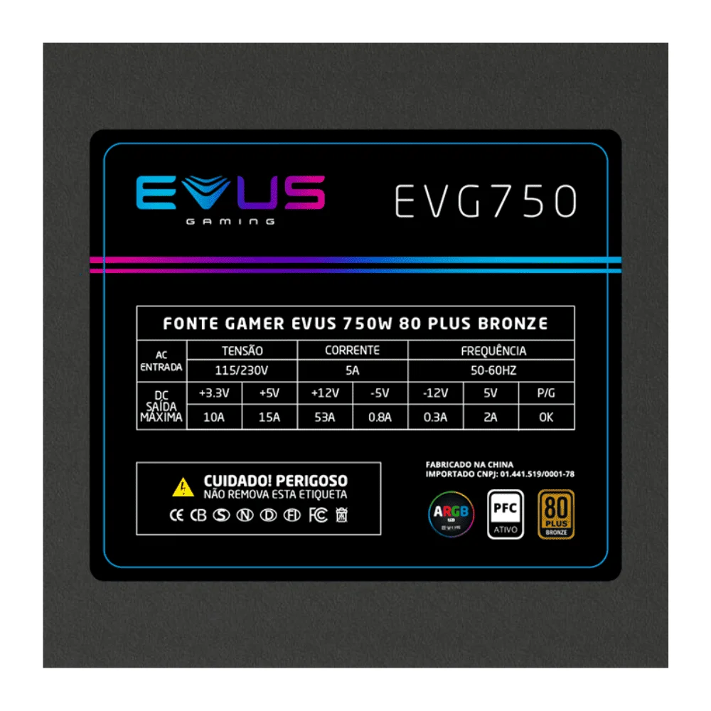 Fonte Gamer Evus Evg750 ARGB 750w Selo 80 Plus Bronze