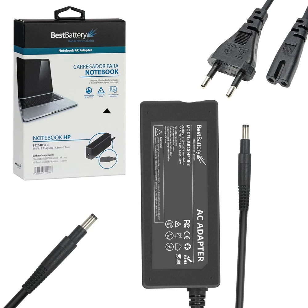 Fonte Notebook HP 19.5V 3.33A 65W Pino Médio Agulha Azul