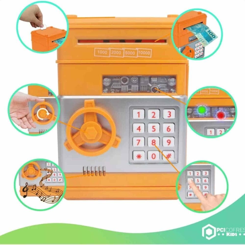 Imagem 5 de 5 do produto Cofre Eletrônico Digital Infantil Puxa Nota Laranja Xr011