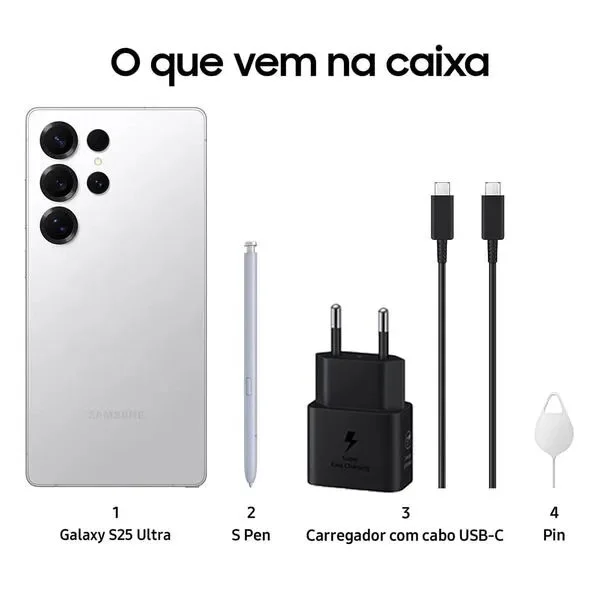 Imagem 2 de 2 do produto Smartphone Samsung Galaxy S25 Ultra 256gb 5g - Titânio Prata, Com Caneta S Pen, Galaxy Ai, Câmera Quadrupla 200mp + Selfie 12mp, Ram 12gb, Tela 6.9”