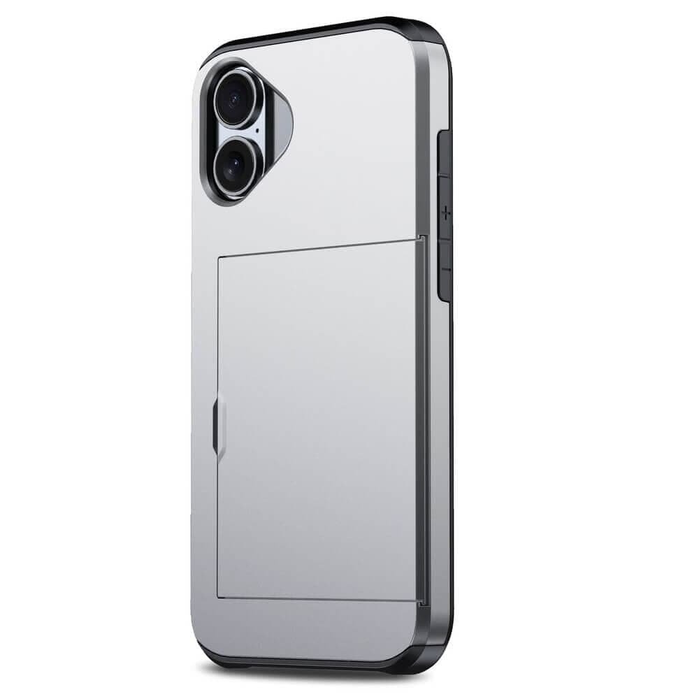 Imagem 1 de 2 do produto Capa Protetora com Compartimento Espaço para Guardar e Cartão de Crédito para o iPhone 16 - Tela 6.1 Cor: Prata
