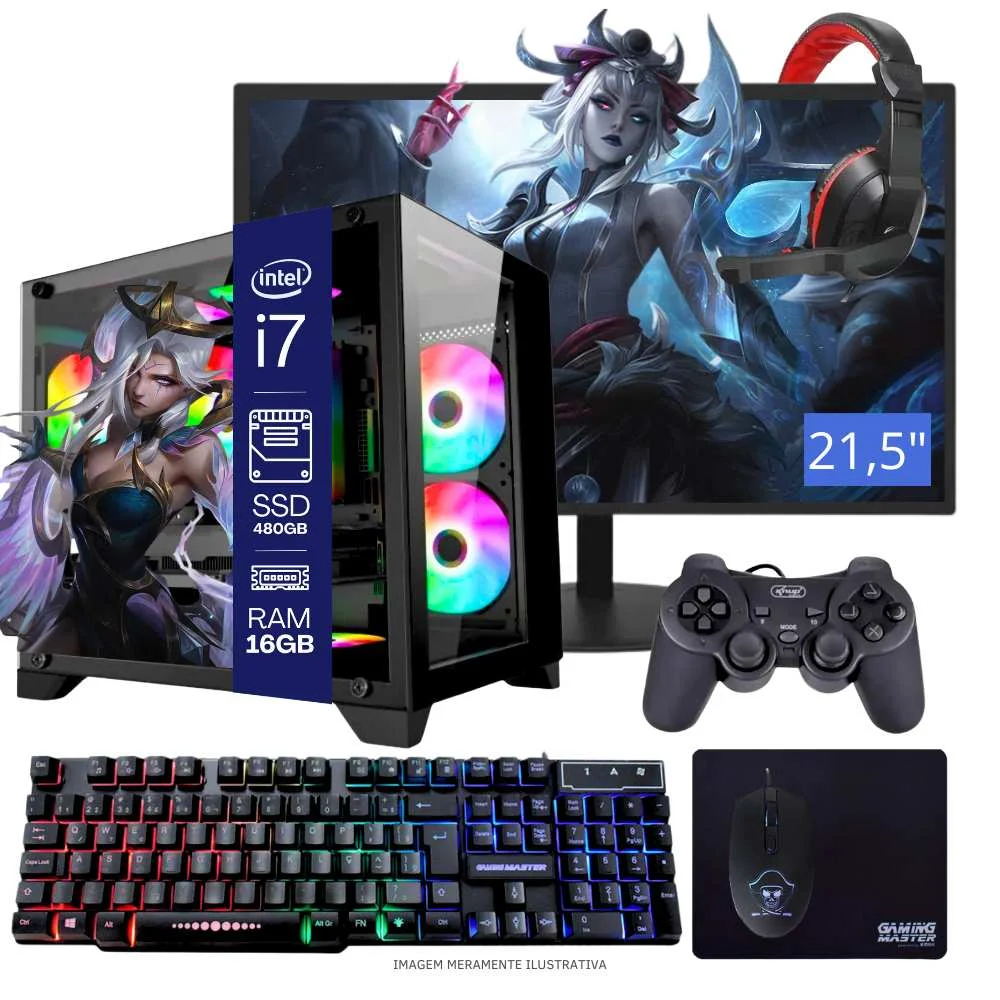 Computador PC Gamer Completo Balão.info Intel Core I7 16gb De Memória SSD 480GB Teclado + Mouse + Headset Gamer + Gabinete Gamer RGB + Joystick E WINDOWS 10 Pro Trial