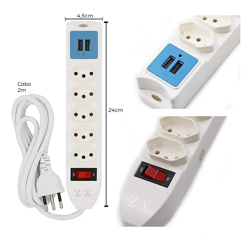 Imagem 2 de 4 do produto Filtro De Linha 5 Tomadas 10a 250v  Com 2 Usb 5v 2.1a 2mts
