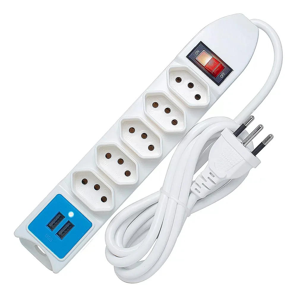 Imagem 3 de 4 do produto Filtro De Linha 5 Tomadas 10a 250v  Com 2 Usb 5v 2.1a 2mts