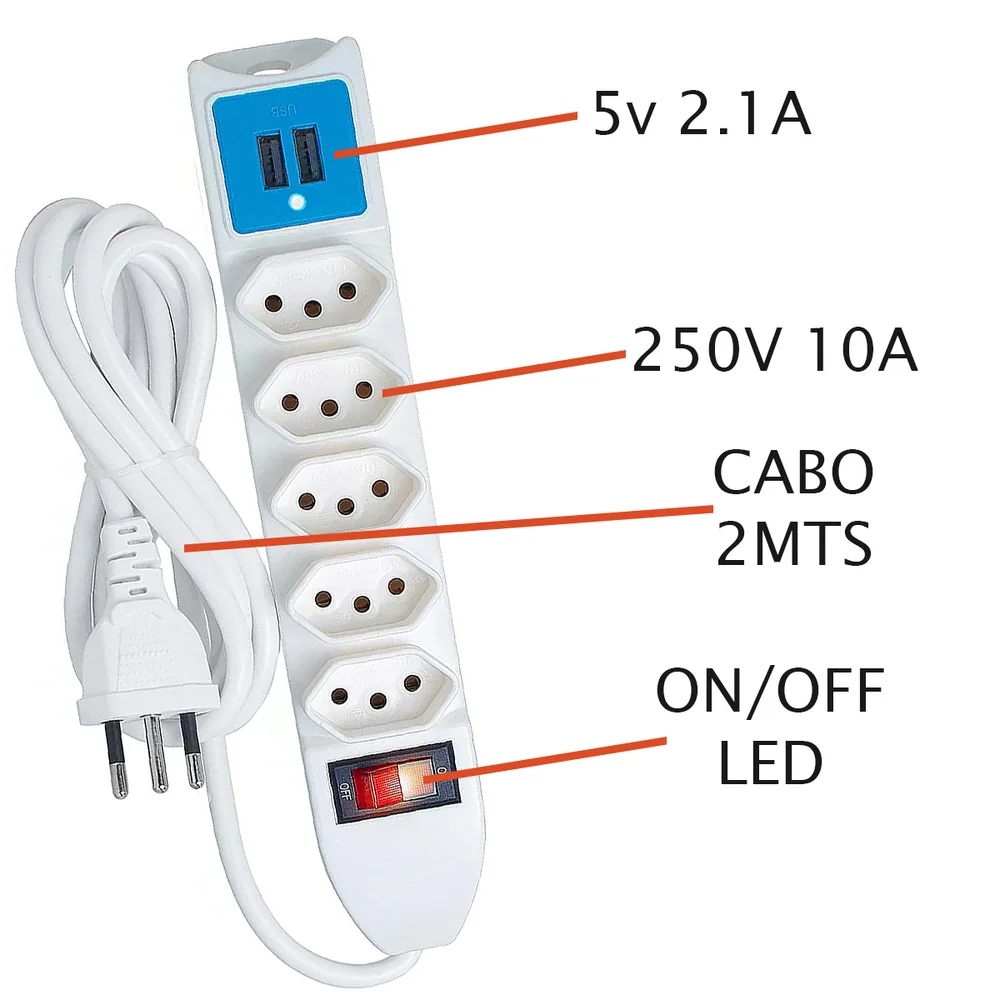 Imagem 4 de 4 do produto Filtro De Linha 5 Tomadas 10a 250v  Com 2 Usb 5v 2.1a 2mts