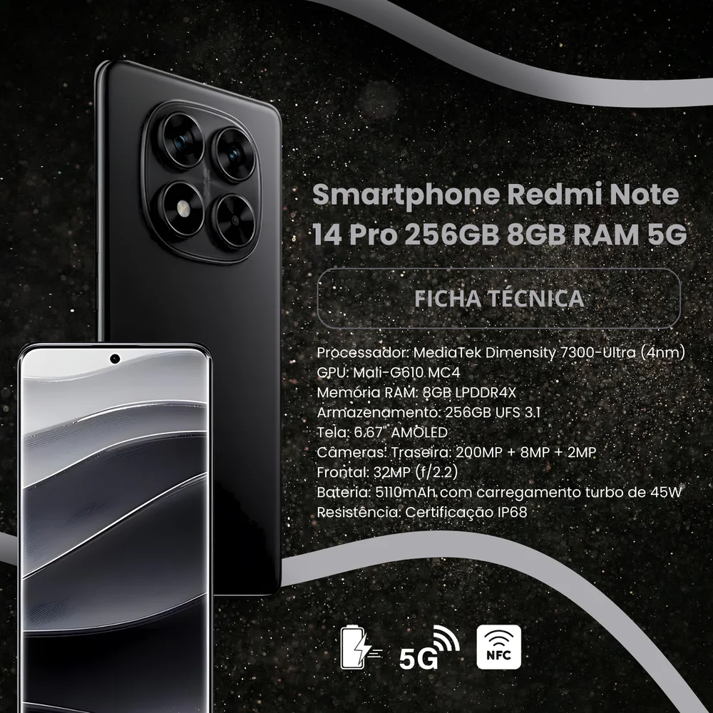Imagem 2 de 5 do produto Smartphone Xiaomi Redmi Note 14 Pro, 5G, 256GB, 8GB RAM, Bateria 5500mah, Câmera 200mp, Preto