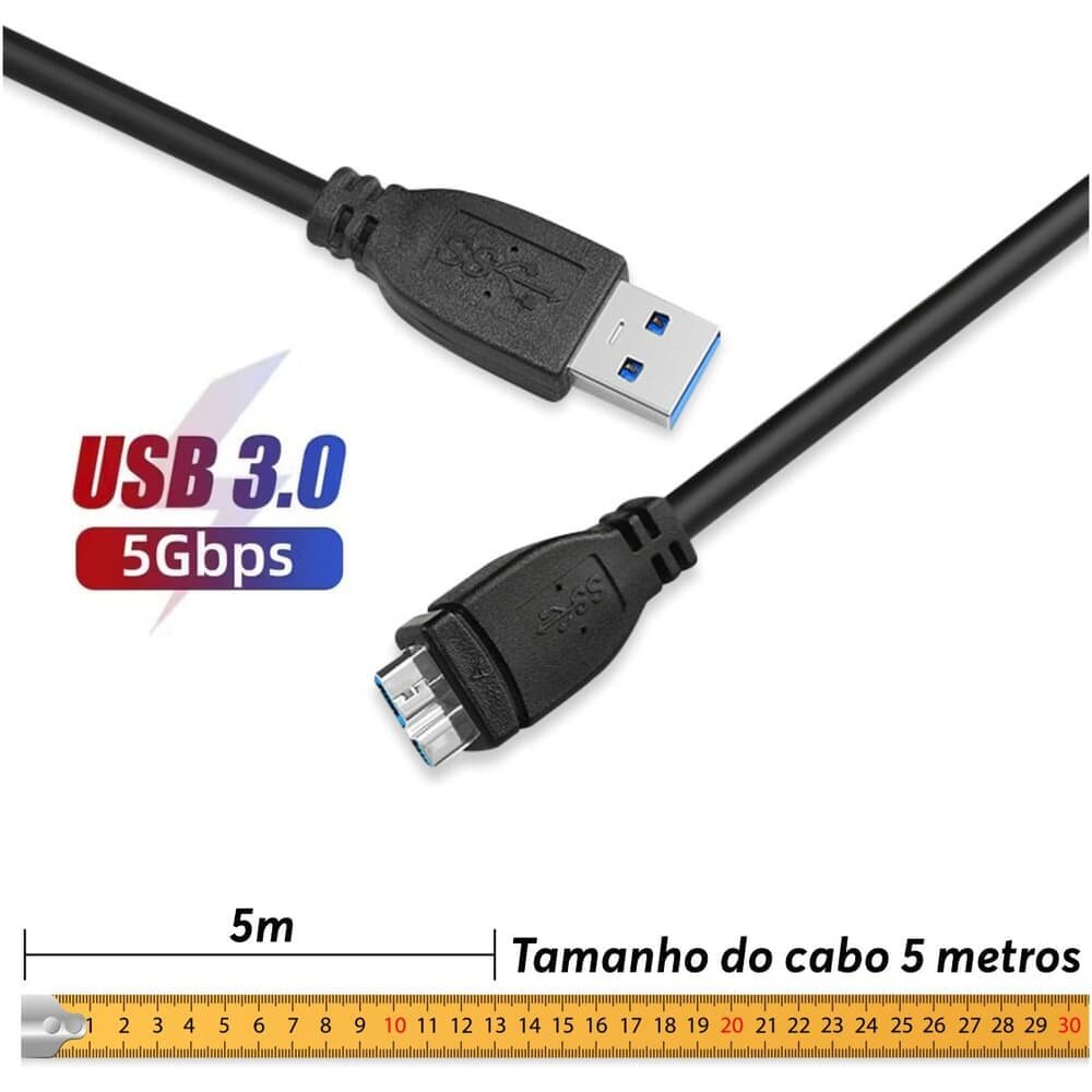 Imagem 2 de 5 do produto Cabo Para Hd Externo Usb Micro B 3.0 5gbps 5 Metros Compatível Com Samsung Seagate Toshiba Western Digital