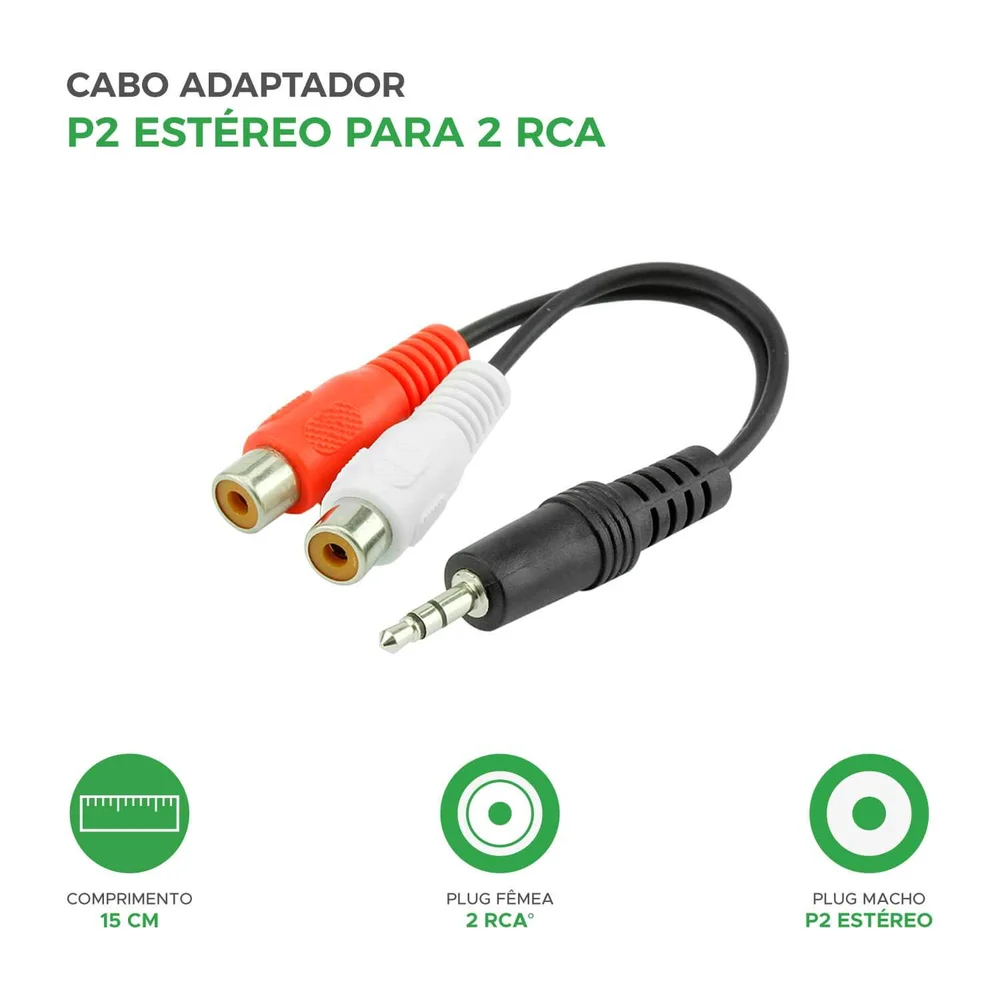 Imagem 3 de 3 do produto Cabo Adaptador P2 Macho 3,5mm X 2 Rca Fêmea 15cm - Pix