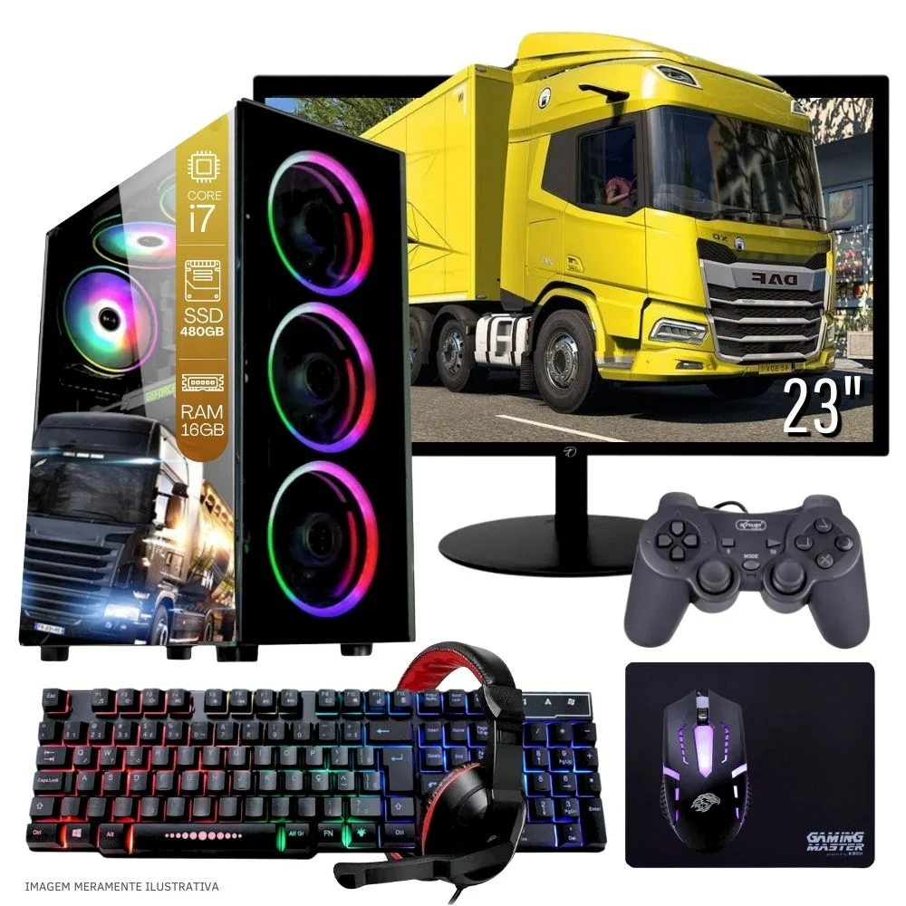 Computador PC Gamer Completo Balão.info Intel Core I7, 16GB RAM, SSD 480GB, WINDOWS 10 Pro Trial +  Monitor 23"+ Teclado, Mouse, Mouse Pad E Headset Gamer Joystick