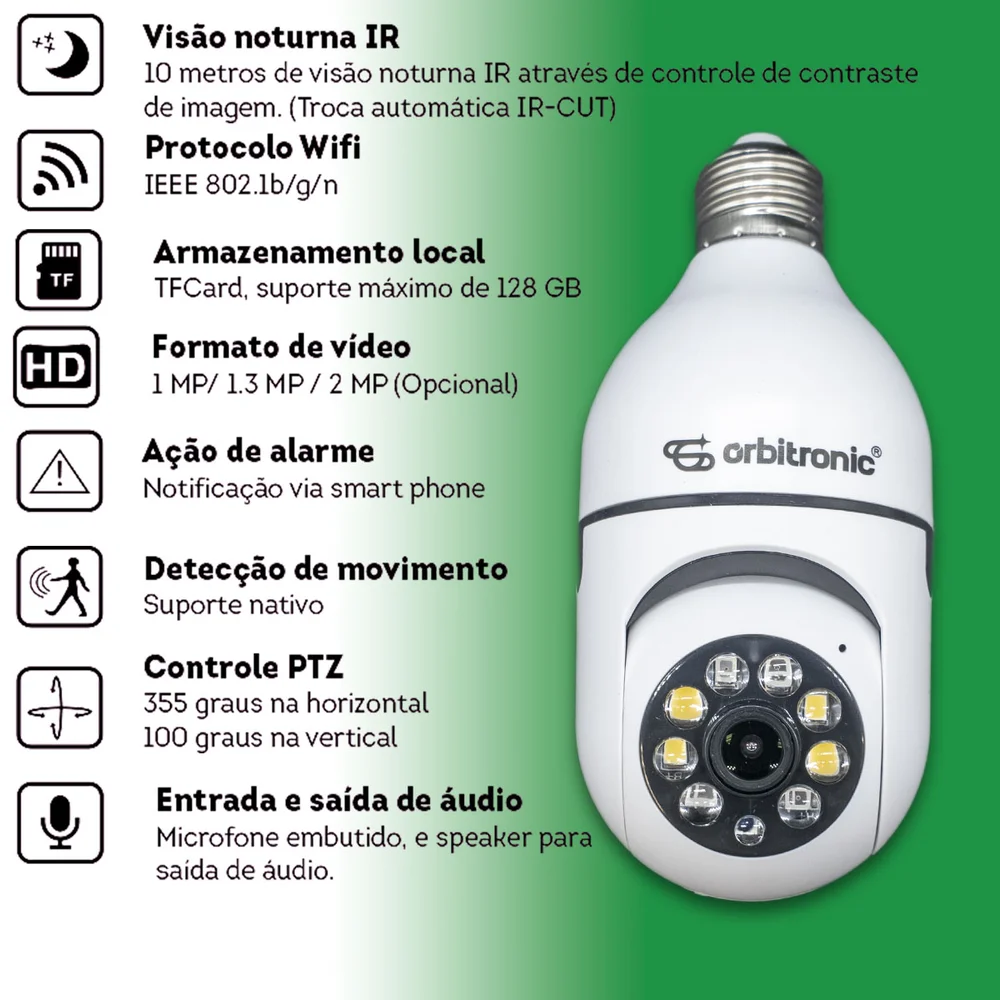 Camera Segurança Panoramica Lampada Wifi Espia C/rastreio Orb777 Orbitronic Camera Segurança Panoramica Lampada Wifi Espia C/rastreio Orb777 Orbitronic