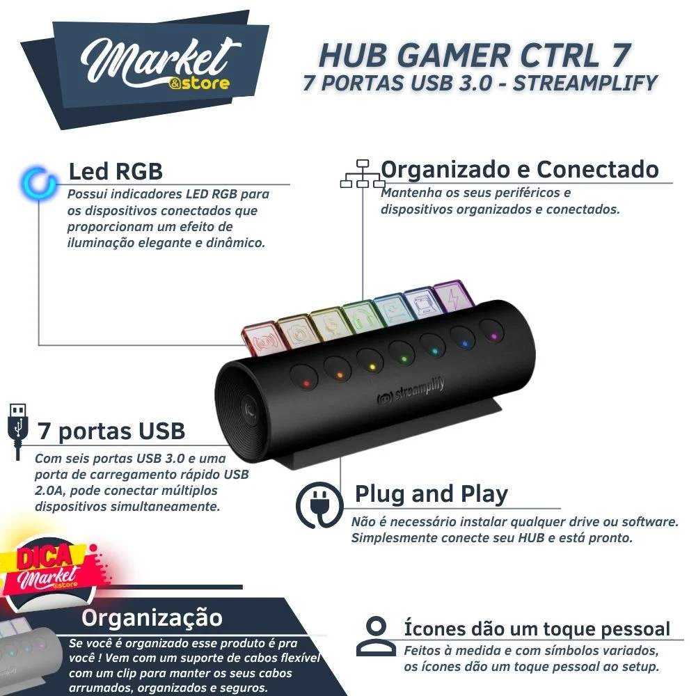 Imagem 3 de 5 do produto Hub Gamer Ctrl 7 Preto 7 Portas Usb 3.0 - Streamplify