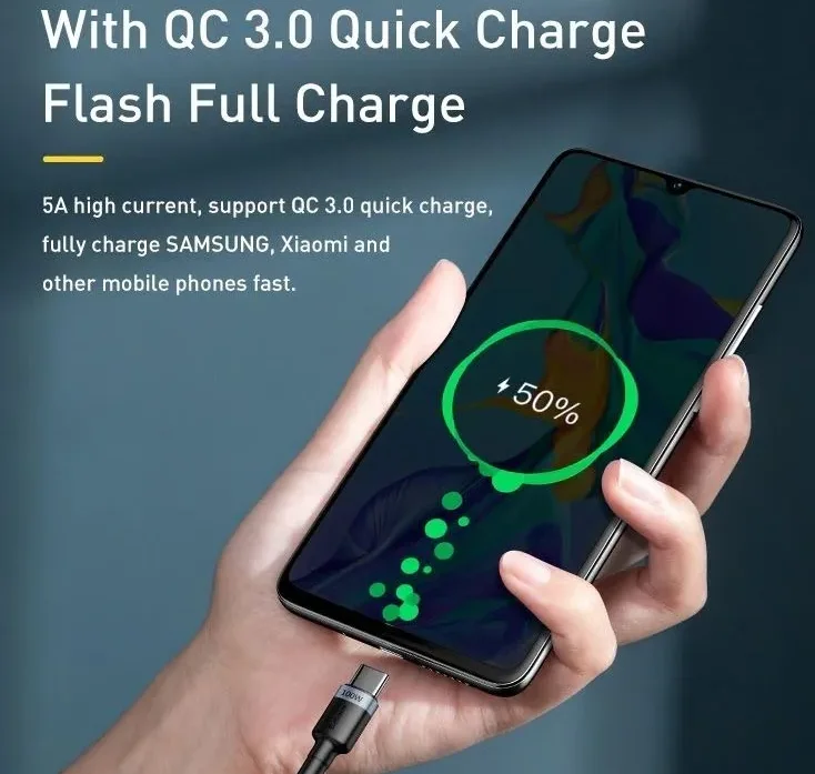 Imagem 2 de 4 do produto Cabo Usb Tipo C Nas Duas Pontas Potencia De 100w Com 50 Centimetros Baseus Carregamento Super Rápido